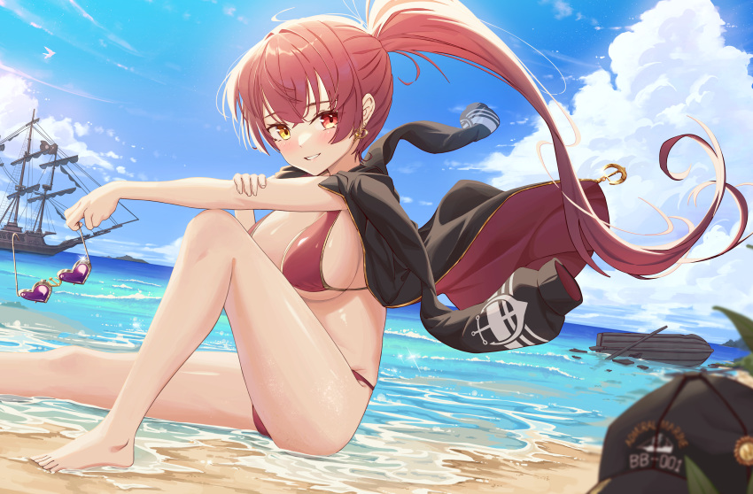 1girl absurdres anchor_print arm_rest beach bikini black_headwear black_jacket blue_sky blurry blush boat breasts clouds day depth_of_field earrings floating_hair from_side hat hat_removed headwear_removed heart heart-shaped_eyewear heart_earrings heterochromia highres holding holding_eyewear hololive houshou_marine huge_filesize hyunwoo jacket jacket_on_shoulders jewelry knee_up large_breasts long_hair looking_at_viewer oar ocean official_alternate_costume on_ground parted_lips pirate_ship ponytail red_eyes redhead sand ship sideboob sitting sky smile solo sunglasses swimsuit watercraft wind wind_lift yellow_eyes
