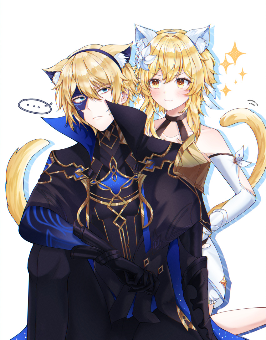 ... 1boy 1girl :3 absurdres alternate_costume animal_ears bangs black_cape black_gloves blonde_hair blue_eyes cape cat_ears cat_girl cat_tail collarbone commentary_request dainsleif_(genshin_impact) detached_sleeves eyebrows_visible_through_hair fake_animal_ears flower genshin_impact gloves hair_between_eyes hair_flower hair_ornament hairband half_mask highres kneeling long_sleeves looking_at_another lumine_(genshin_impact) ryunbi short_hair short_hair_with_long_locks sidelocks simple_background sitting sparkle tail white_background yellow_eyes