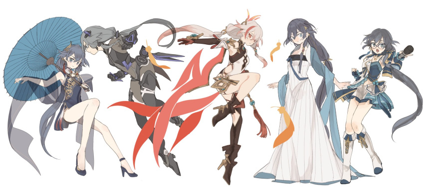 5girls :o bangs bare_shoulders black_gloves black_hair blue_dress blue_eyes breasts brown_legwear china_dress chinese_clothes closed_mouth dress fu_hua fu_hua_(phoenix) fu_hua_(shadow_knight) fu_hua_(valkyrie_accipter) full_body glasses gloves hair_between_eyes high_heels highres holding holding_umbrella honkai_(series) honkai_impact_3rd long_hair long_sleeves looking_at_viewer mogomaco multicolored_hair multiple_girls multiple_persona oil-paper_umbrella open_mouth ponytail red_eyes simple_background single_thighhigh sleeveless sleeveless_dress small_breasts streaked_hair thigh-highs umbrella white_background white_dress white_hair