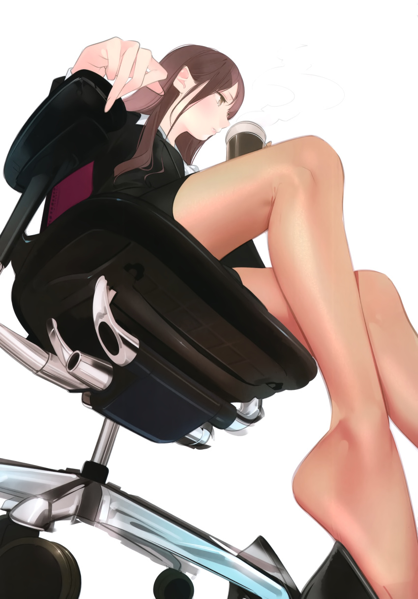 1girl absurdres ama_mitsuki black_footwear black_jacket black_skirt brown_eyes brown_hair brown_legwear chair closed_mouth coffee_cup cup disposable_cup dutch_angle feet_out_of_frame footwear_removed from_below highres holding holding_cup jacket long_hair looking_to_the_side non-web_source office_chair office_lady original pantyhose pencil_skirt scan sheer_legwear shirt skirt solo steam straight_hair white_background white_shirt