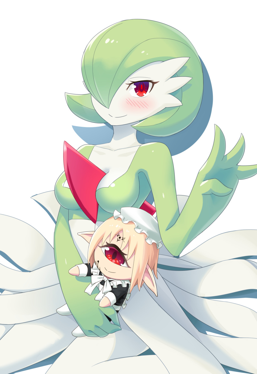 absurdres blonde_hair blush character_doll closed_mouth copyright_request cyclops fewer_digits gardevoir gen_3_pokemon green_hair hair_over_one_eye hand_up highres looking_at_viewer mao_lian_(nekokao) one-eyed one_eye_covered pointy_ears pokemon pokemon_(creature) red_eyes simple_background smile white_background
