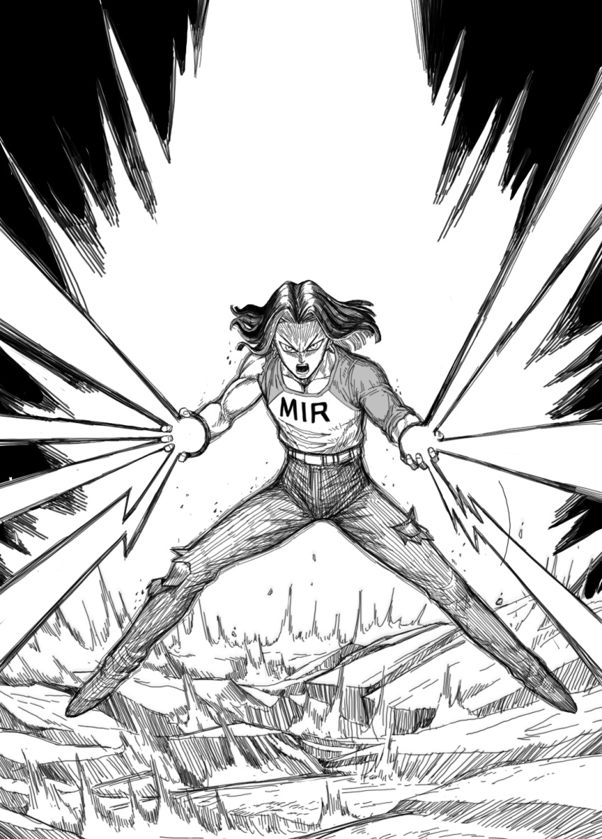 1boy 1girl android_17 commentary dragon_ball dragon_ball_super energy_beam english_commentary floating_hair greyscale highres legs_apart looking_at_viewer medium_hair monochrome open_mouth pants shirt solo standing torn_clothes torn_pants y_naf