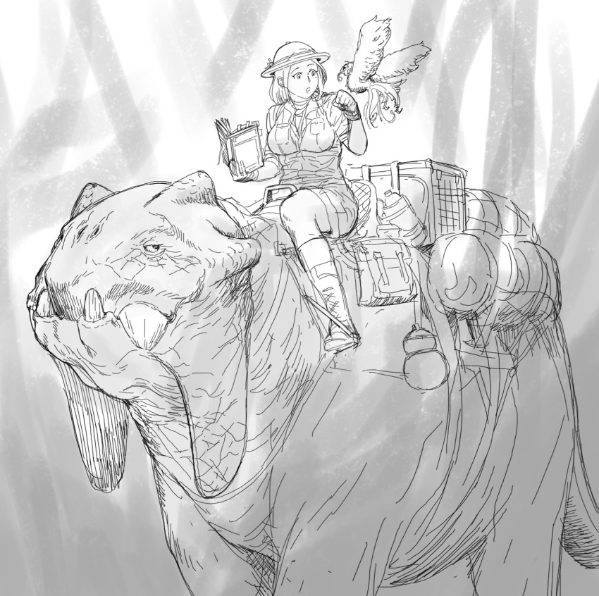 1girl bird book boots commentary dragon driving english_commentary gloves greyscale hat helmet highres holding holding_book jacket mole mole_under_eye monochrome original parted_lips pith_helmet riding shorts y_naf