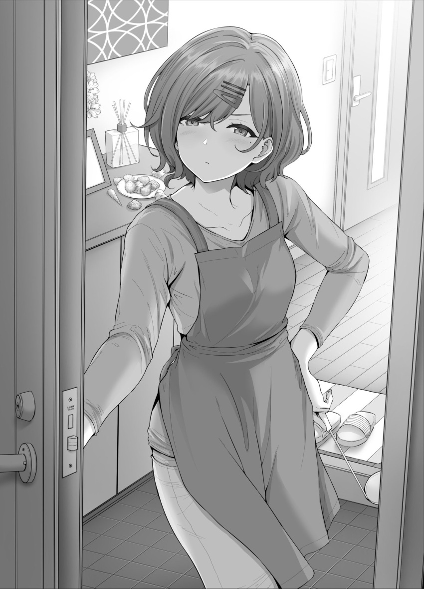 1girl apron bangs blush collarbone cowboy_shot door ears eyelashes greyscale hair_between_eyes hair_ornament hairclip hairpin hands_on_hips highres higuchi_madoka idolmaster idolmaster_shiny_colors ladle light_switch long_sleeves mole mole_under_eye monochrome opening_door picture_frame sandals shell short_hair swept_bangs yamoge