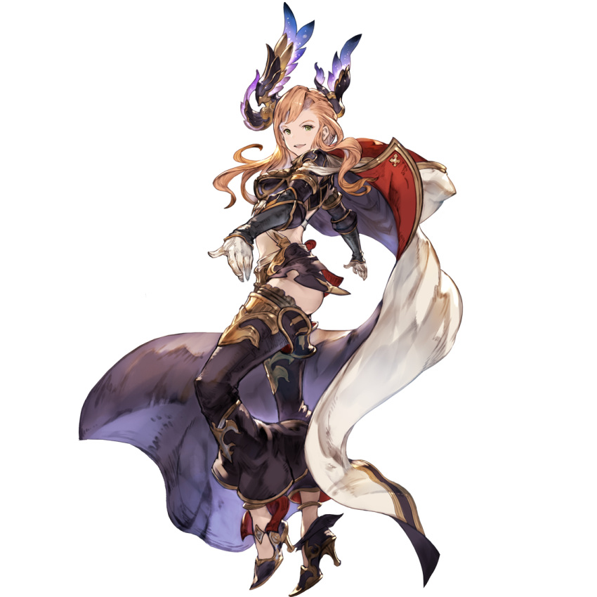 1girl full_body gloves granblue_fantasy hair_ornament high_heels jacket jacket_on_shoulders long_hair midriff navel official_art open_mouth orange_hair simple_background solo song_(granblue_fantasy) transparent_background