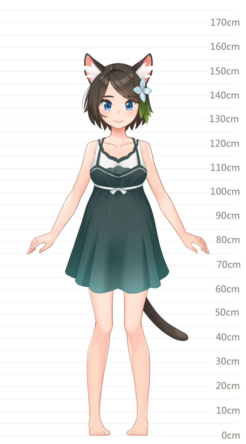 1girl aina_(mao_lian) animal_ear_fluff animal_ears arms_at_sides bare_shoulders barefoot blue_eyes breasts brown_hair cat_ears cat_tail closed_mouth dress full_body green_dress height_chart highres looking_at_viewer mao_lian_(nekokao) medium_breasts original pigeon-toed pregnant short_hair smile solo standing tail