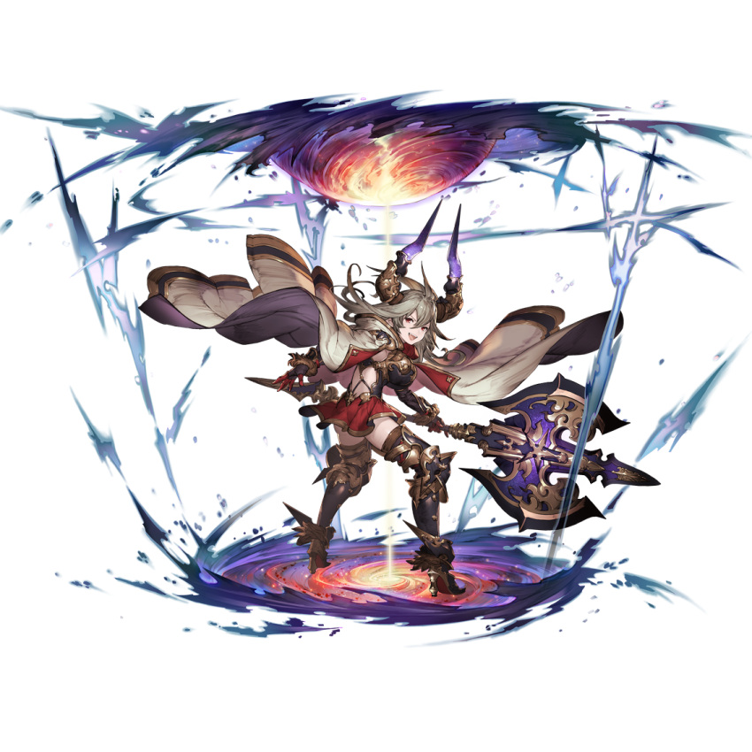 1girl :d ahoge ass axe bangs battle_axe black_gloves black_legwear butt_crack cape draph from_behind full_body gloves granblue_fantasy grey_hair hair_between_eyes high_heels holding holding_weapon horns long_hair looking_back looking_to_the_side miniskirt official_art open_mouth pointy_ears red_eyes red_skirt skirt smile solo star_(sky) teeth thalatha_(granblue_fantasy) thigh-highs transparent_background v-shaped_eyebrows weapon zettai_ryouiki
