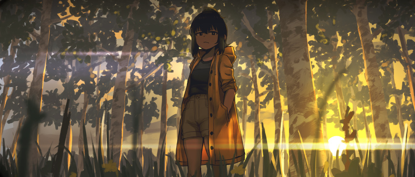 1girl absurdres black_eyes black_hair breasts closed_mouth coat commentary_request drawstring feet_out_of_frame forest grass grey_shirt hands_in_pockets highres hood hood_down hoplitx long_sleeves looking_at_viewer medium_breasts multiple_sources nature open_clothes open_coat original outdoors ponytail shirt shorts sleeves_pushed_up solo standing sunlight tree twilight white_shorts yellow_coat