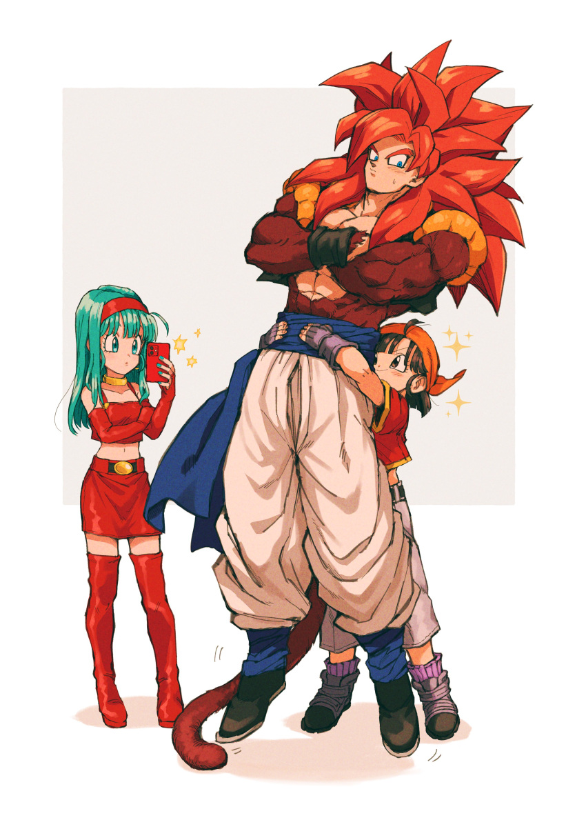 1boy 2girls absurdres bandana belt black_eyes black_footwear black_hair blue_belt blue_eyes body_fur boots bra_(dragon_ball) camera_flash camisole cellphone crop_top denim dragon_ball dragon_ball_gt fingerless_gloves gloves gogeta gold_choker green_eyes green_hair headband highres hug hug_from_behind jeans metamoran_vest multiple_girls orange_headwear pan_(dragon_ball) pants phone red_camisole red_footwear red_headband red_shirt red_skirt redhead relio_db318 shirt simple_background skirt smartphone sparkle t-shirt tail taking_picture thigh-highs thigh_boots white_background white_pants wristband