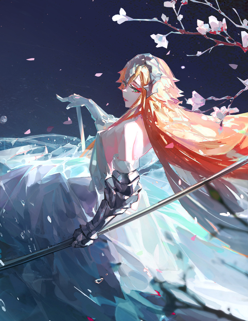 1girl absurdres aenrs armor armored_dress blonde_hair cherry_blossoms dress fate/grand_order fate_(series) gauntlets green_eyes headpiece highres jeanne_d'arc_(fate) jeanne_d'arc_(fate)_(all) long_hair solo_focus