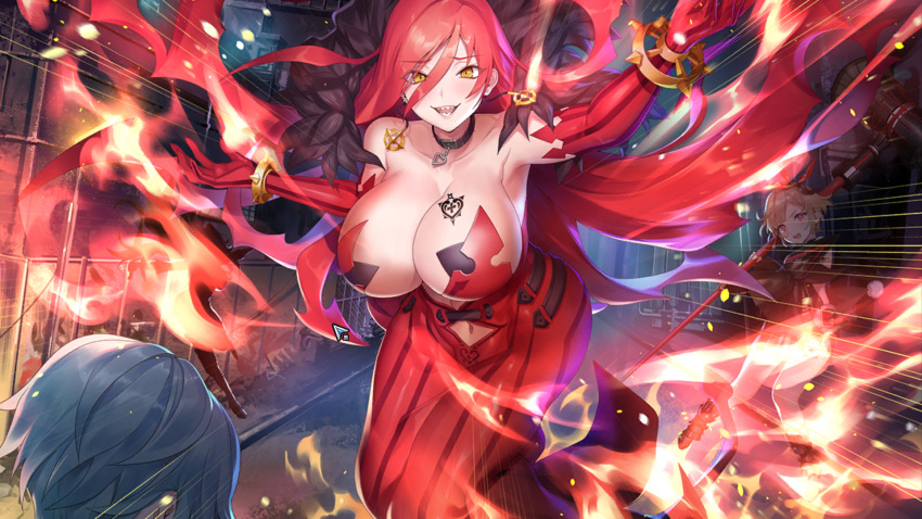 4girls action_taimanin alley astaroth_(taimanin) bare_shoulders bracelet breast_tattoo breasts brown_hair clothing_cutout collar curvy earrings elbow_gloves eyebrows_visible_through_hair eyes_visible_through_hair feather_trim fire fishnets flame game_cg gloves hair_between_eyes hair_wings hammer highres huge_breasts huge_weapon jewelry long_hair mikagami_haru_(taimanin) multiple_girls navel navel_cutout out_of_frame red_eyes redhead revealing_clothes sharp_teeth short_hair silhouette smile striped striped_gloves taimanin_(series) tattoo teeth very_long_hair war_hammer watarase_tsumugi_(taimanin) weapon yellow_eyes