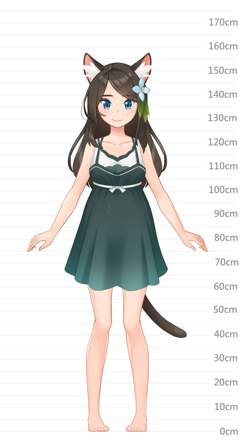 1girl aina_(mao_lian) animal_ear_fluff animal_ears arms_at_sides bare_shoulders barefoot blue_eyes breasts brown_hair cat_ears cat_tail closed_mouth dress full_body green_dress height_chart highres long_hair looking_at_viewer mao_lian_(nekokao) medium_breasts original pigeon-toed pregnant smile solo standing tail