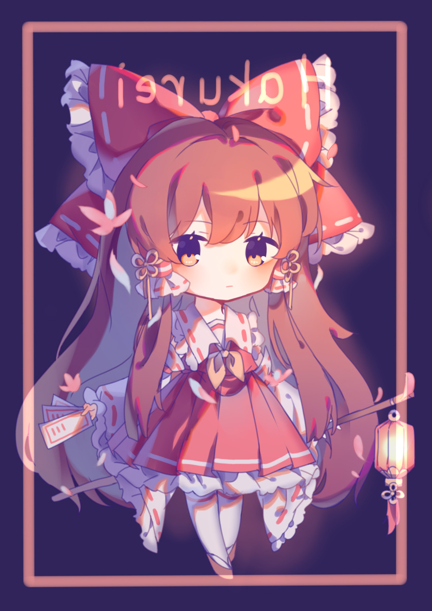 1girl absurdres amulet artist_name bangs blush bow bowtie brown_hair chibi closed_mouth collar detached_sleeves dress eyebrows_visible_through_hair frills full_body hair_between_eyes hair_ornament hair_tubes hakurei_reimu highres light long_hair long_sleeves looking_at_viewer pantyhose purple_background red_bow red_dress red_footwear shadow shoes solo standing touhou very_long_hair white_legwear wide_sleeves yellow_bow yellow_eyes yellow_neckwear zhi_xixi