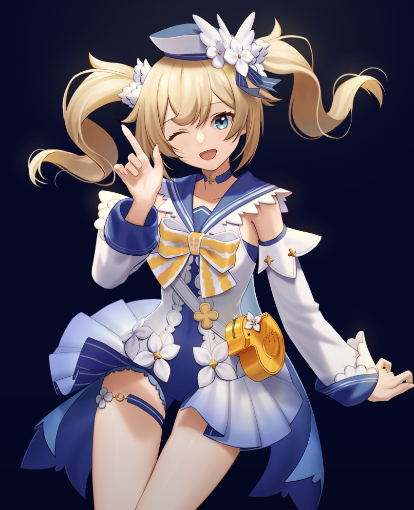 1girl ;d absurdres bag barbara_(genshin_impact) barbara_(summertime_sparkle)_(genshin_impact) bare_shoulders bird black_background blonde_hair blue_eyes choker dress drill_hair duck flower frilled_dress frills genshin_impact hair_flower hair_ornament hat highres long_sleeves looking_at_viewer one_eye_closed open_mouth simple_background smile solo thighlet twin_drills twintails