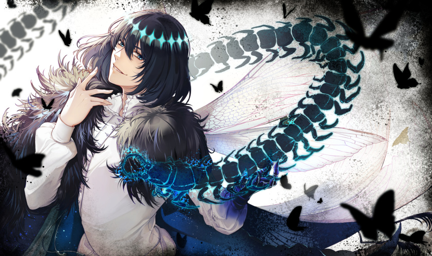 1boy black_hair blue_eyes bug butterfly cape centipede fate/grand_order fate_(series) fur_trim grin highres insect insect_wings looking_at_viewer male_focus mentaikopan oberon_(fate) shirt smile solo spoilers upper_body white_shirt wings