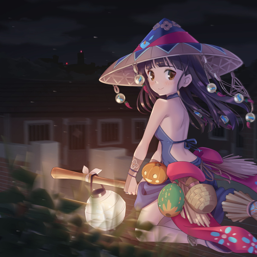 1girl blue_dress blurry blurry_background broom broom_riding brown_eyes brown_hair closed_mouth copyright_request dress flying from_side hat highres jack-o'-lantern lantern long_hair looking_at_viewer looking_to_the_side mao_lian_(nekokao) motion_blur night outdoors paper_lantern pumpkin rice_hat smile solo witch