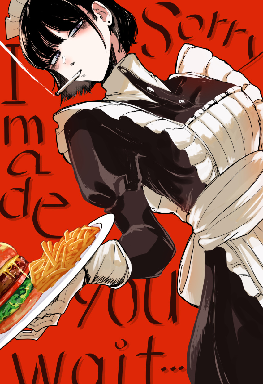 1girl apron bangs black_hair black_skirt breasts burger cigarette collared_shirt dress earrings english_text food french_fries fufu_(fufuichi04) grey_eyes highres holding holding_plate jewelry long_sleeves maid maid_headdress original plate red_background shirt short_hair skirt solo white_apron