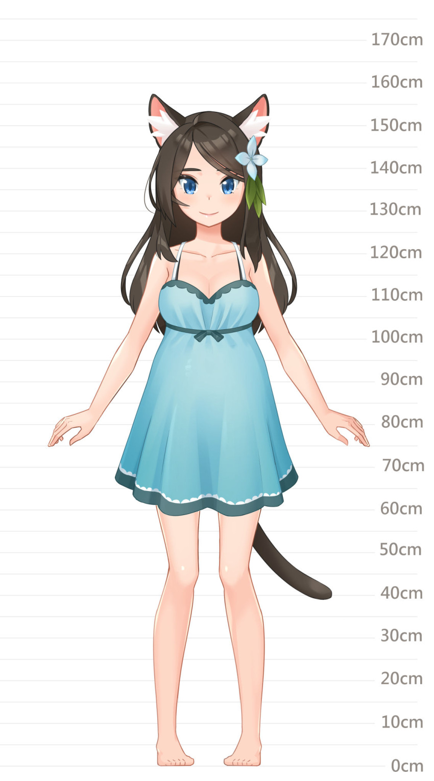 1girl aina_(mao_lian) animal_ear_fluff animal_ears arms_at_sides bare_arms bare_shoulders barefoot blue_dress blue_eyes breasts brown_hair cat_ears cat_tail closed_mouth dress full_body height_chart highres long_hair looking_at_viewer mao_lian_(nekokao) medium_breasts original pigeon-toed pregnant smile solo standing tail