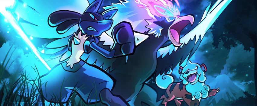 absurdres claws clenched_teeth commentary fangs from_below gen_4_pokemon glowing grass highres hisuian_braviary hisuian_form hisuian_growlithe lucario night open_mouth outdoors pokemon pokemon_(creature) red_eyes sky smoke standing star_(sky) teeth tia_(iris-sempi) tongue volcano
