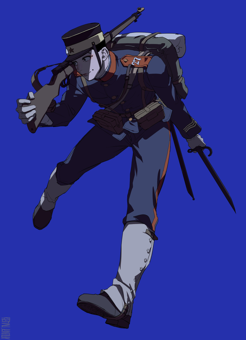 1boy absurdres backpack bag bedroll blue_background full_body golden_kamuy gun hat highres holding holding_gun holding_sword holding_weapon kepi long_sleeves male_focus military military_hat military_uniform mole mole_above_mouth pants pouch reman_kamuy simple_background solo sword uniform usami_tokishige weapon