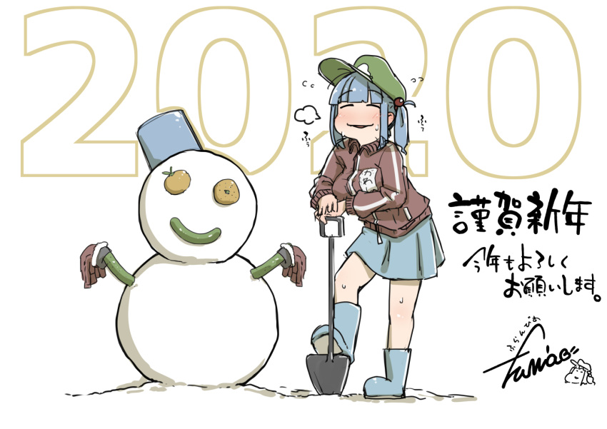 1girl blue_footwear blue_hair blue_skirt blush boots closed_eyes cucumber facing_viewer flanvia flying_sweatdrops green_headwear hair_bobbles hair_ornament hat holding holding_shovel jacket kawashiro_nitori long_sleeves miniskirt parted_lips red_jacket shovel skirt smile snowman solo touhou translation_request twintails