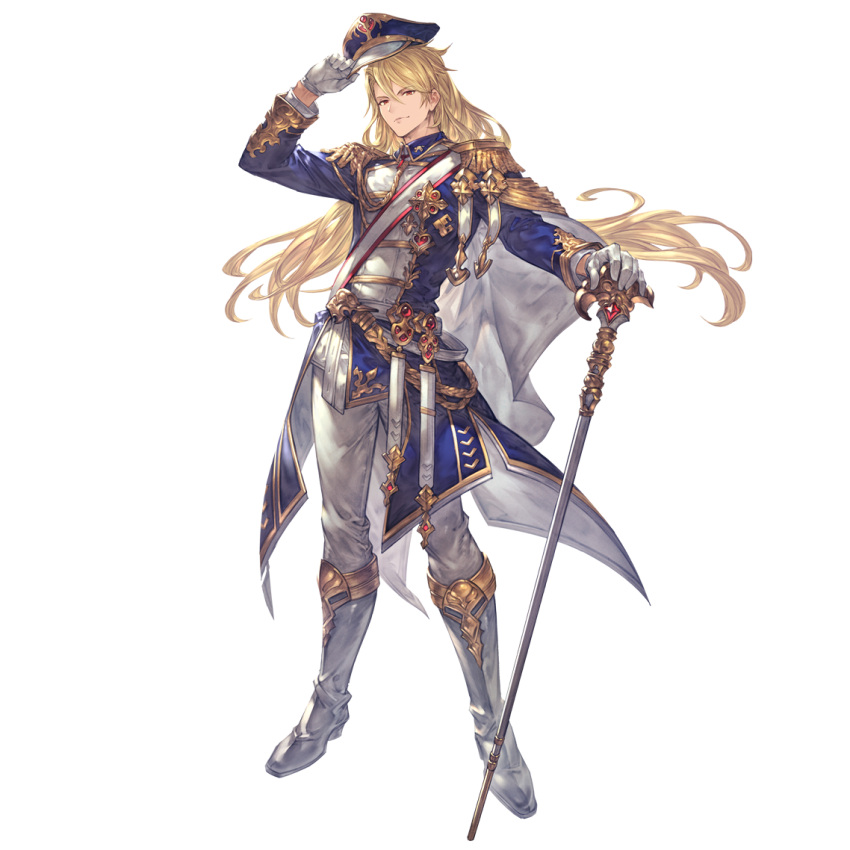 1boy aglovale_(granblue_fantasy) armor blonde_hair cane gloves granblue_fantasy holding holding_cane long_hair looking_at_viewer male_focus military military_uniform minaba_hideo official_art solo transparent_background uniform white_gloves