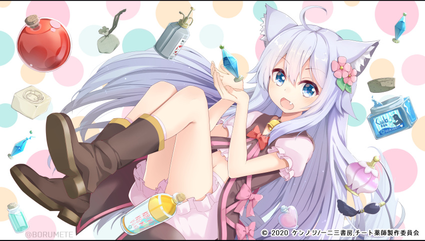 1girl absurdres ahoge animal_ear_fluff animal_ears bell bloomers blue_eyes boots borumete bottle cheat_kushushi_no_slow_life end_card fang flower hair_flower hair_ornament highres midriff navel noela_(cheat_kushushi_no_slow_life) official_art open_mouth puffy_short_sleeves puffy_sleeves ribbon short_sleeves silver_hair smile tail underwear wolf_ears wolf_girl wolf_tail