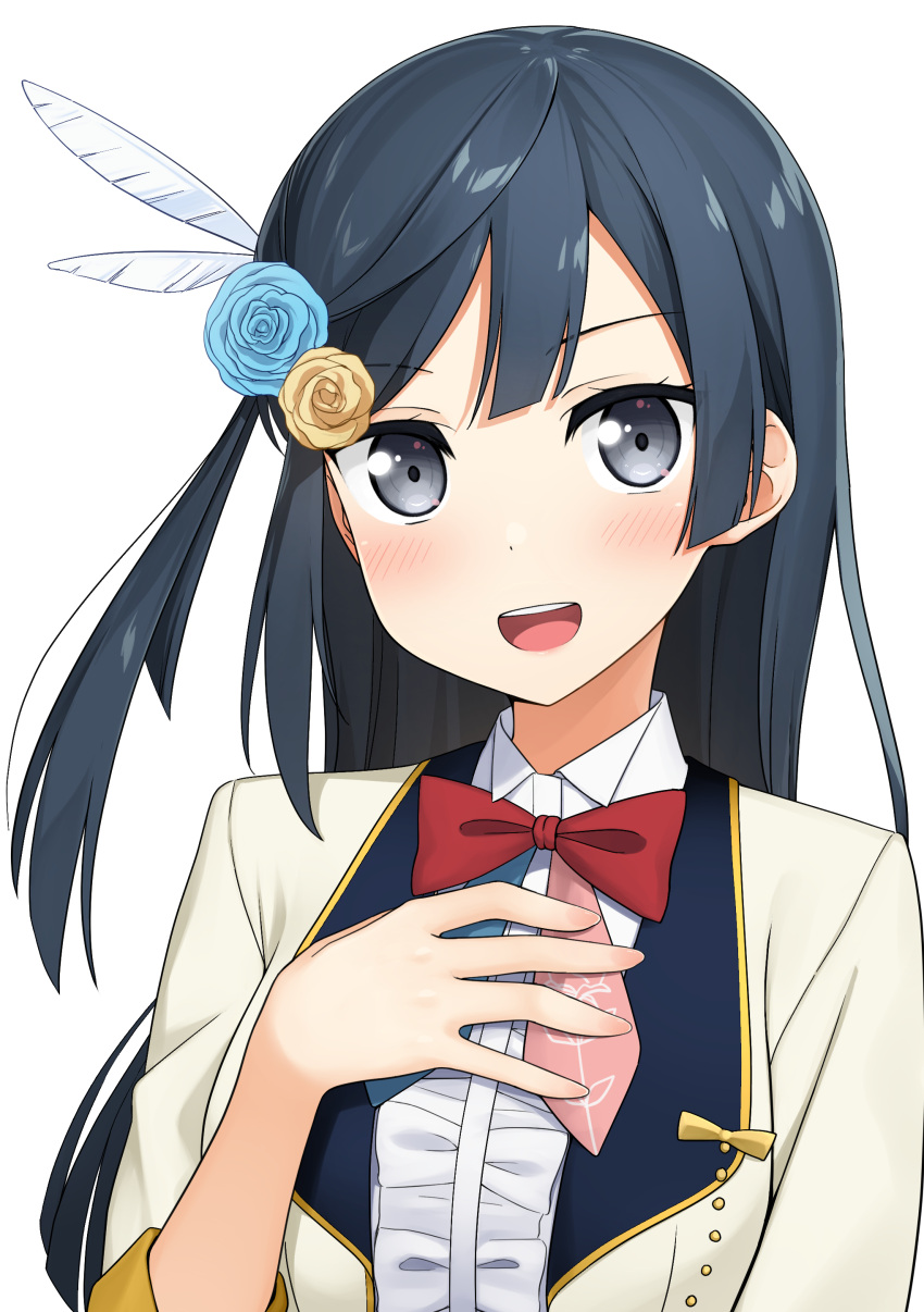 1girl absurdres apollo_(hu_maple) bangs black_eyes black_hair bow bowtie collared_shirt cropped_jacket feather_hair_ornament feathers flower frilled_shirt frills grey_eyes hair_flower hair_ornament highres i'll_protect_your_smile!_(love_live!) idol_clothes jacket long_hair love_live! love_live!_nijigasaki_high_school_idol_club one_side_up red_neckwear shirt white_shirt yellow_jacket yuuki_setsuna_(love_live!)