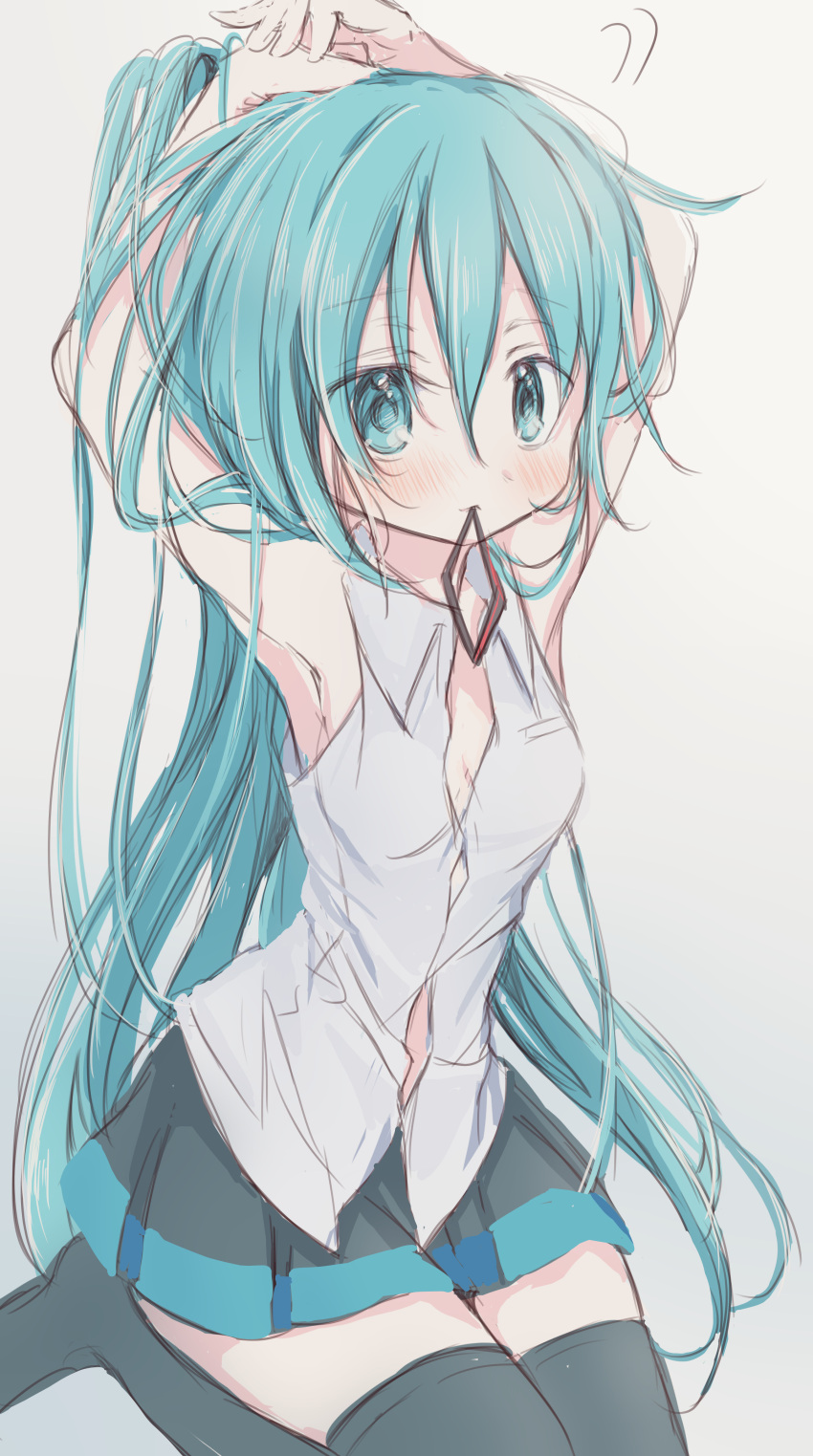1girl absurdres alternate_hairstyle arm_behind_head armpits arms_up bangs bare_arms bare_shoulders black_legwear black_skirt blush closed_mouth collared_shirt dress_shirt eyebrows_visible_through_hair grey_background grey_shirt hair_between_eyes hatsune_miku highres hitode mouth_hold no_detached_sleeves pleated_skirt ponytail seiza shirt sitting skirt sleeveless sleeveless_shirt solo thigh-highs tying_hair vocaloid