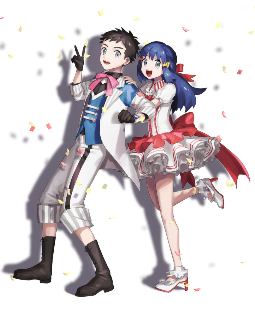 1boy 1girl :d bangs blue_hair blue_vest boots brown_footwear brown_hair capri_pants clenched_hand commentary_request hikari_(pokemon) eyelashes frills gloves grey_asa grey_eyes hand_on_another's_shoulder high_heels highres leg_up long_hair looking_at_viewer lucas_(pokemon) open_mouth pants pokemon pokemon_(game) pokemon_bdsp shirt short_hair smile standing standing_on_one_leg tongue upper_teeth v vest white_footwear white_pants