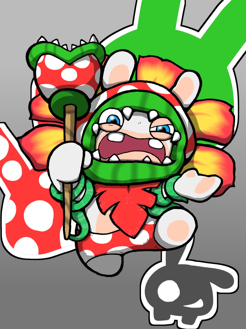 absurdres angry animal_ears blue_eyes buck_teeth cosplay crossover highres super_mario_bros. open_mouth piranha_plant piranha_plant_(cosplay) rabbid rabbit_ears raving_rabbids screaming