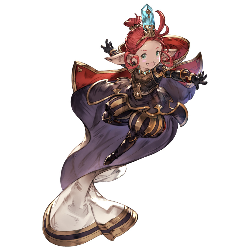 1girl black_footwear black_gloves black_pants blue_eyes blush boots cape dark-skinned_female dark_skin fangs full_body funf gem gloves granblue_fantasy harvin long_hair official_art open_mouth pants pointy_ears puffy_pants redhead smile solo transparent_background