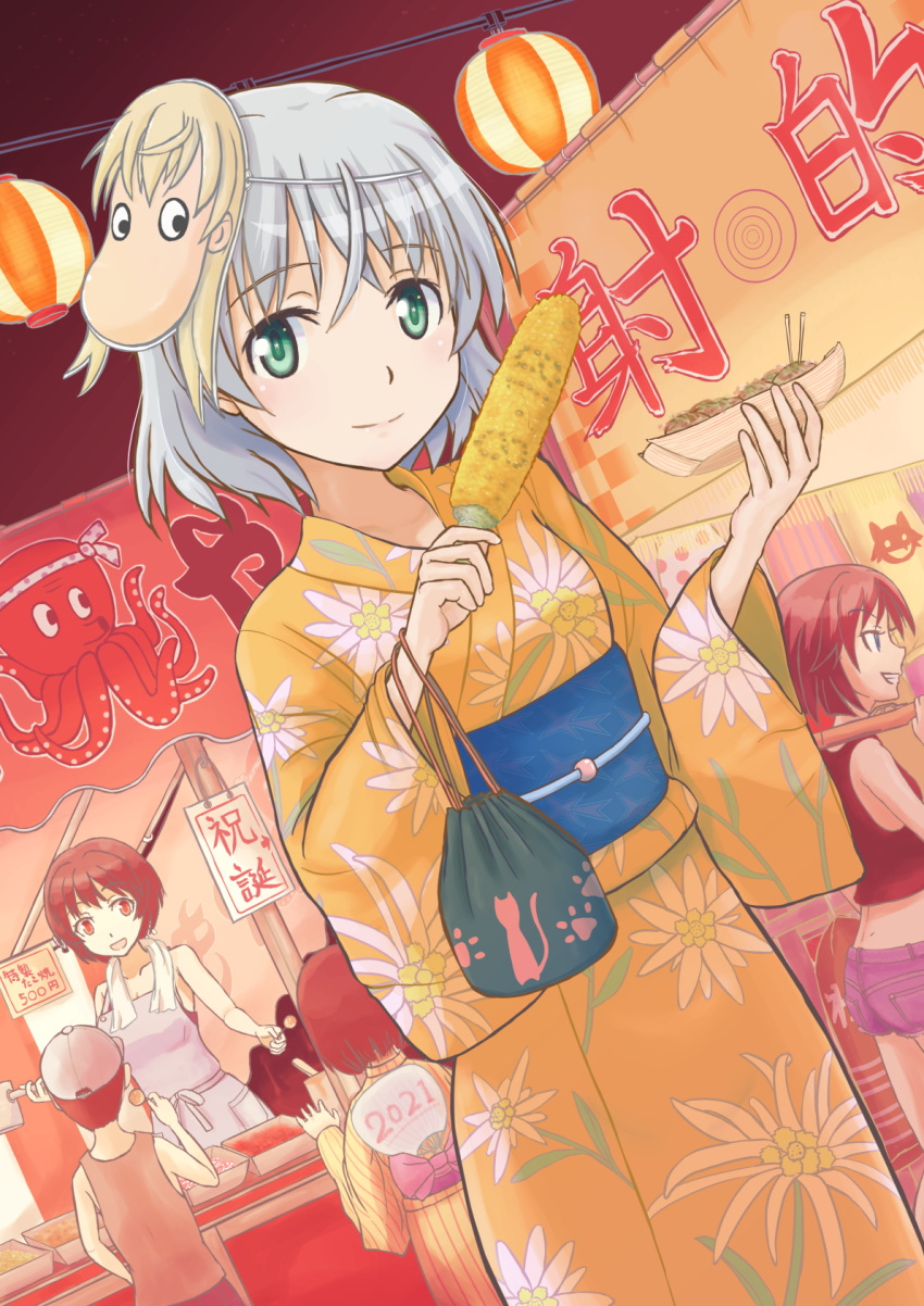 1boy 4girls bag commentary_request corn dutch_angle festival floral_print green_eyes highres japanese_clothes kanno_naoe keicha_(kmoekaki) kimono mask mask_on_head multiple_girls octopus sanya_v._litvyak satchel shimohara_sadako short_hair silver_hair solo_focus strike_witches world_witches_series yellow_kimono yukata