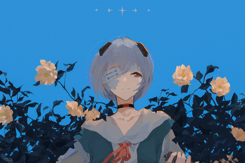 1girl artist_name ayanami_rei bandage_over_one_eye black_choker blue_background blue_eyes blue_skirt chinese_commentary choker closed_mouth collarbone commentary_request crying crying_with_eyes_open dated flower hand_up highres interface_headset neck_ribbon neon_genesis_evangelion one_eye_covered pink_flower red_eyes red_neckwear ribbon sailor_collar school_uniform serafuku short_hair simple_background skirt solo suspender_skirt suspenders tears tokyo-3_middle_school_uniform_(evangelion) upper_body white_sailor_collar xilmo