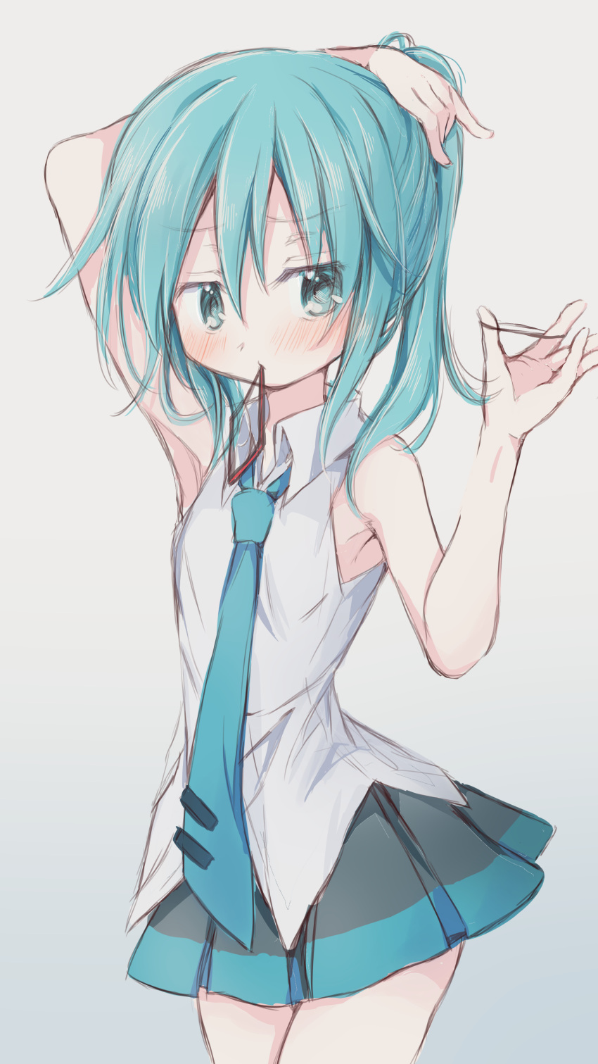 1girl absurdres alternate_hairstyle arm_behind_head arm_up bangs bare_arms bare_shoulders black_skirt blue_hair blue_neckwear collared_shirt eyebrows_visible_through_hair green_eyes grey_background hair_between_eyes hair_tie hatsune_miku highres hitode holding necktie no_detached_sleeves pleated_skirt shirt skirt sleeveless sleeveless_shirt solo tie_clip tying_hair vocaloid white_shirt