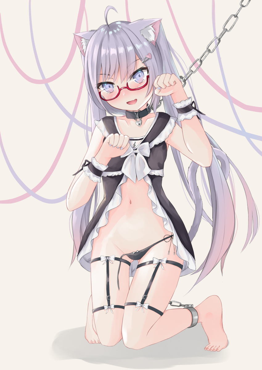 1girl :d absurdly_long_hair absurdres animal_ears babydoll bangs black_panties blush breasts cat_ears cat_girl cat_tail chain collar collarbone commentary_request eyebrows_visible_through_hair eyes_visible_through_hair glasses grey_eyes hair_ornament hairclip highres kneeling kuro_ichigo long_hair looking_at_viewer midriff navel open_mouth original panties paw_pose semi-rimless_eyewear side-tie_panties sidelocks silver_hair simple_background small_breasts smile solo tail twintails underwear very_long_hair