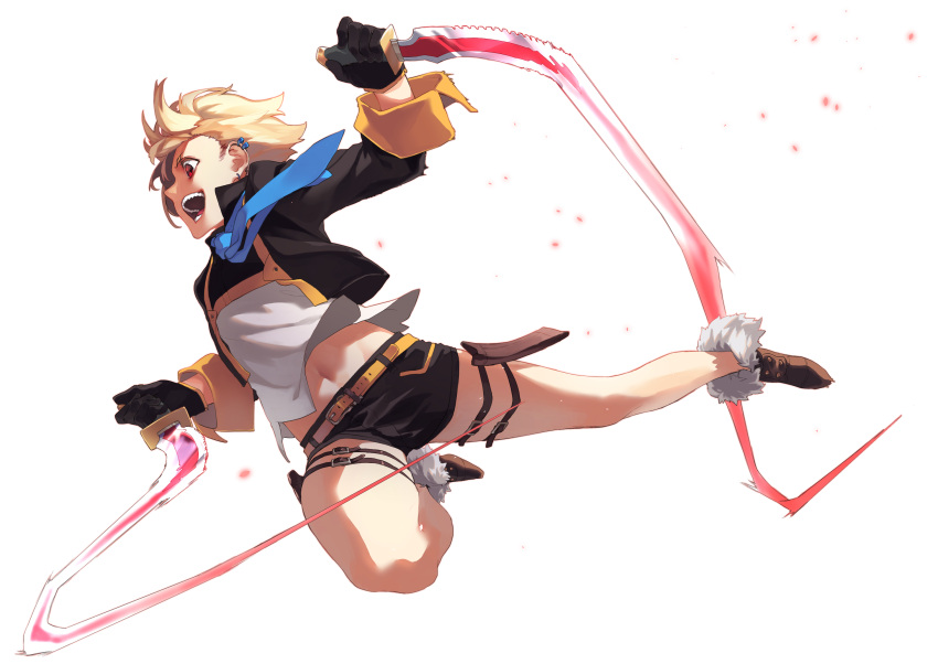 1girl :d black_gloves black_jacket black_shorts blonde_hair boots brown_footwear cropped_jacket dagger dual_wielding ear_piercing earrings gloves highres holding holding_dagger holding_weapon jacket jewelry knife leo_(reiga) long_sleeves midriff navel open_clothes open_jacket open_mouth original piercing profile red_eyes reiga_(act000) reverse_grip shirt short_shorts shorts sideways_mouth smile solo weapon white_background white_shirt yellow_belt
