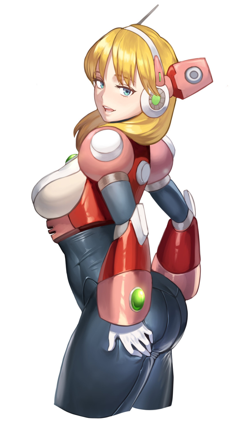 1girl absurdres alia_(mega_man) android ass ass_support black_bodysuit blonde_hair blue_eyes bodysuit breasts commission cropped_legs gloves hands_on_own_ass hanny_(uirusu_chan) highres large_breasts lips long_hair looking_at_viewer mega_man_(series) mega_man_x_(series) parted_lips pink_armor robot_ears skin_tight solo thick_thighs thighs turning_head upper_teeth white_background white_gloves