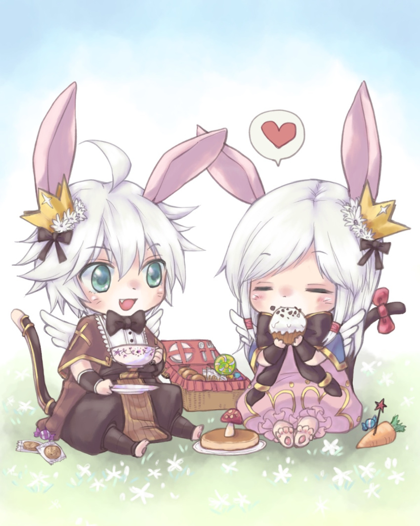 1boy 1girl :d ahoge bangs basket black_bow black_neckwear black_pants black_shirt blush bow bowtie brown_capelet capelet carrot cat_tail chibi closed_eyes commentary_request cookie crown cup cupcake dress eating eyebrows_visible_through_hair facial_mark fang flower food full_body green_eyes hair_between_eyes hair_bow hair_flower hair_ornament heart highres holding holding_cup holding_food holding_plant holding_plate humanization long_hair looking_at_another mushroom open_mouth p_(8909) pancake pants pink_dress plate ragnarok_online shirt short_hair sitting smile spoken_heart summoner_(ragnarok_online) tail teacup whisker_markings white_flower white_hair wrapped_candy wristband