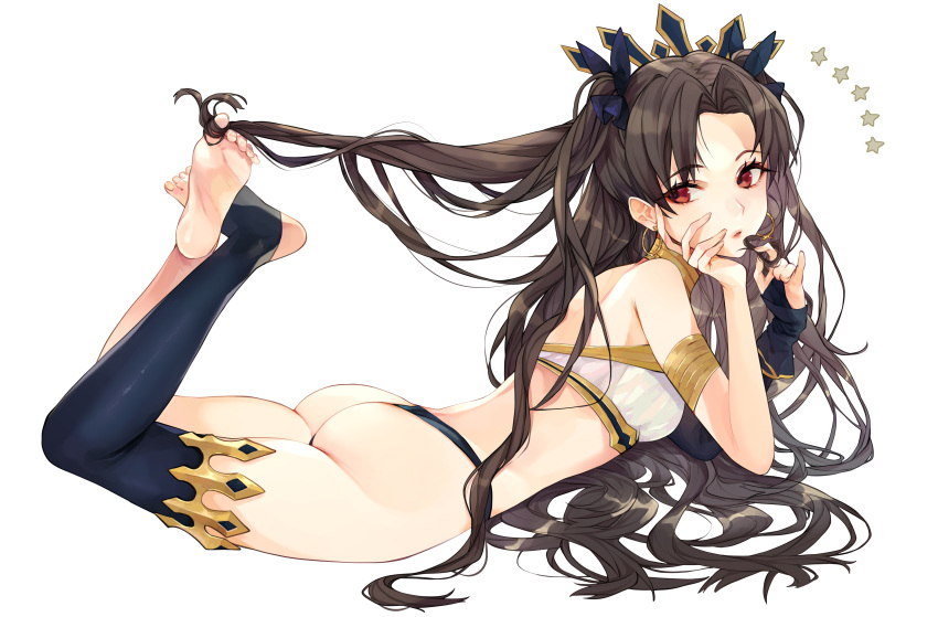 1girl absurdres armlet ass bangs bikini black_hair black_legwear bracelet breasts detached_sleeves earrings fate/grand_order fate_(series) gold_trim hair_ribbon highres hoop_earrings ishtar_(fate) ishtar_(fate)_(all) jewelry long_hair looking_at_viewer medium_breasts mishasimarina0130 mismatched_bikini neck_ring parted_bangs red_eyes ribbon single_detached_sleeve single_thighhigh solo swimsuit thigh-highs thighlet thighs tiara two_side_up