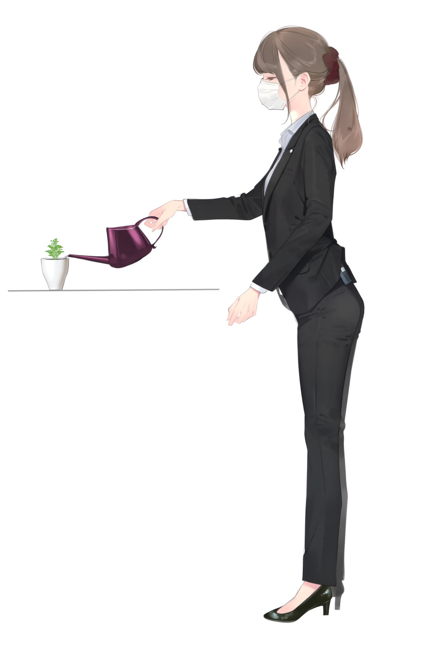 1girl absurdres ama_mitsuki black_footwear black_jacket black_pants brown_hair collared_shirt formal full_body hair_ornament hair_scrunchie high_heels highres jacket long_hair long_sleeves mask mouth_mask original pant_suit pants plant ponytail potted_plant scan scrunchie shirt standing suit watering_can white_background