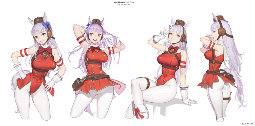 1girl :d animal_ears arm_behind_head armpits ass back bangs bare_shoulders belt blunt_bangs boots bow bowtie breasts buttons double-breasted dress gloves gold_ship_(umamusume) grin hat highres horse_ears horse_tail ki_min-woo leotard long_hair looking_at_viewer open_mouth purple_hair sleeveless smile tail teeth umamusume v violet_eyes white_gloves white_legwear
