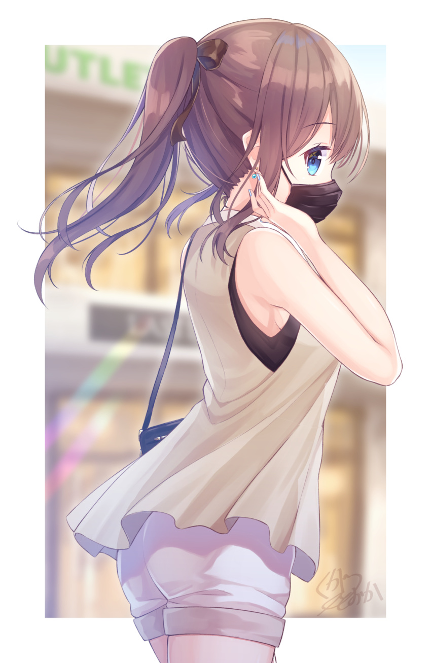 1girl ass bag bangs bare_arms bare_shoulders black_bow black_shirt blue_eyes blue_nails blurry blurry_background bow brown_dress brown_hair commentary_request cowboy_shot depth_of_field dress eyebrows_visible_through_hair from_behind hair_between_eyes hair_bow hand_up highres kugatsu_tooka mask mouth_mask nail_polish original ponytail profile shirt short_shorts shorts shoulder_bag signature sleeveless sleeveless_dress sleeveless_shirt solo white_shorts