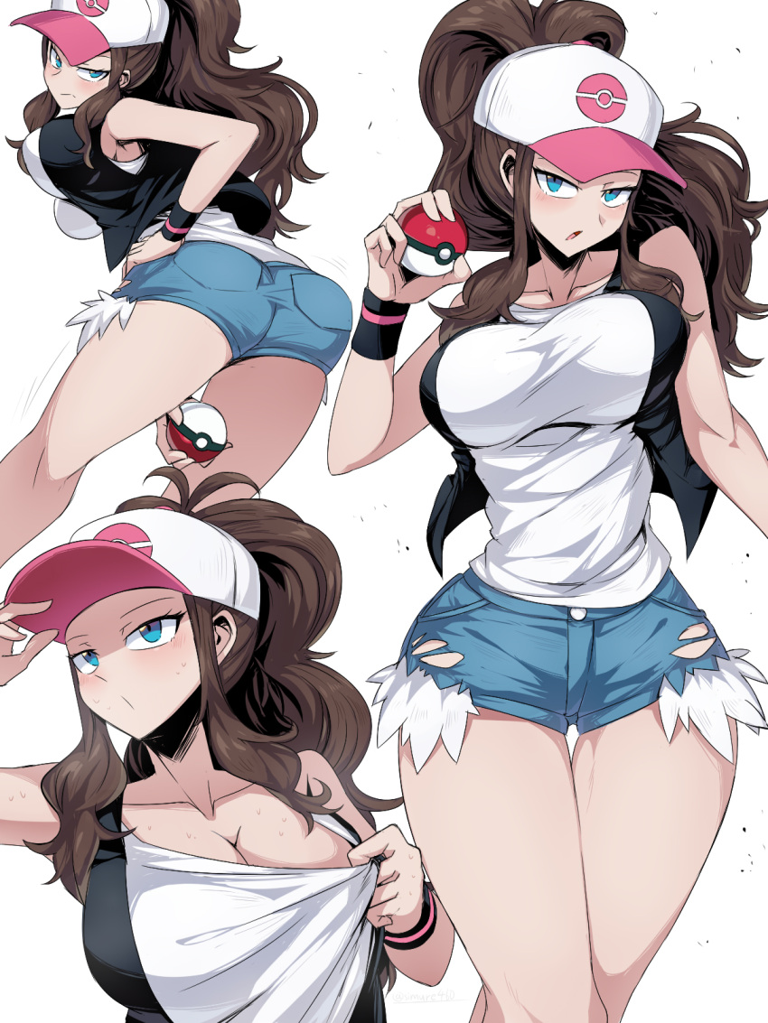 1girl ass baseball_cap black_vest blue_eyes breasts brown_hair clothes_pull denim denim_shorts duplicate exposed_pocket hand_on_hip hat high_ponytail highres hilda_(pokemon) holding holding_poke_ball jacket large_breasts leaning_forward looking_at_viewer looking_back multiple_views open_mouth pants pixel-perfect_duplicate poke_ball poke_ball_(basic) pokemon pokemon_(game) pokemon_bw ponytail shimure_(460) shirt shirt_pull short_shorts shorts sidelocks simple_background sleeveless sleeveless_shirt t-shirt thick_thighs thighs torn_clothes torn_pants vest white_background white_shirt wide_hips wristband