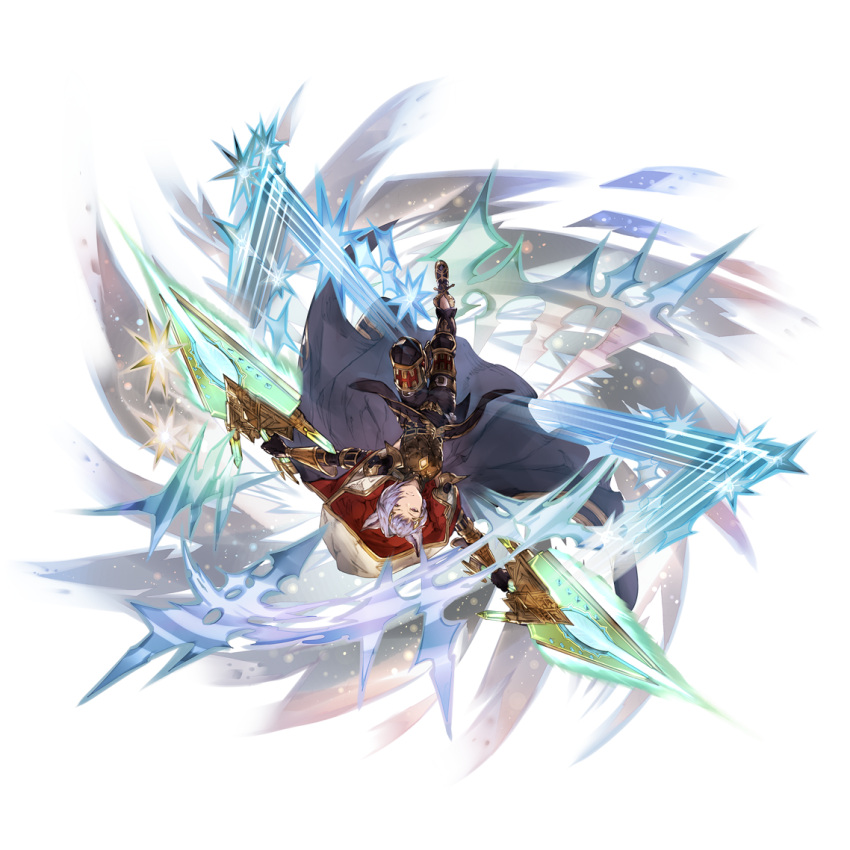 1boy androgynous animal_ears black_footwear black_gloves black_pants cape cat_ears closed_mouth dagger diamond_(shape) dual_wielding elbow_gloves erune full_body gloves granblue_fantasy hair_intakes hair_ornament holding holding_weapon hood hood_down knee_pads knife male_focus minaba_hideo official_art pants purple_hair quatre_(granblue_fantasy) sheath shoes sleeveless solo space star_(sky) transparent_background turtleneck unsheathed upside-down violet_eyes weapon