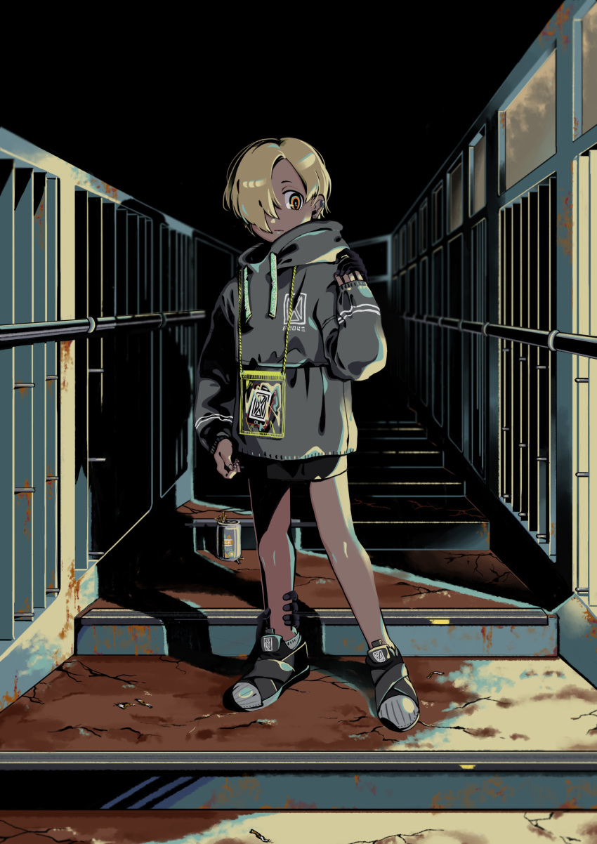 1girl absurdres aqua_eyes arm_at_side bag blonde_hair can cellphone cigarette_butt closed_mouth crack dark disembodied_limb drawstring ear_clip earrings full_body grey_footwear grey_hoodie hair_over_one_eye hand_up high_collar high_contrast highres holding_hands hood hood_down hoodie idolmaster idolmaster_cinderella_girls jewelry kanauo_(tansui_kanauo) leg_grab looking_at_viewer multicolored multicolored_eyes outdoors phone railing shadow shirasaka_koume shoes short_hair smartphone sneakers solo_focus stairs standing yellow_eyes
