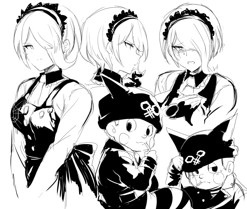 1boy 1girl :3 bangs blush_stickers breasts cigarette dangan_ronpa_(series) dangan_ronpa_v3:_killing_harmony dress from_side greyscale hair_over_one_eye hat highres horned_headwear hoshi_ryouma large_breasts long_sleeves maid maid_headdress monochrome open_mouth pants pinafore_dress shiny shiny_clothes shirt short_hair simple_background smile striped striped_pants suurin_(ksyaro) sweat toujou_kirumi white_background