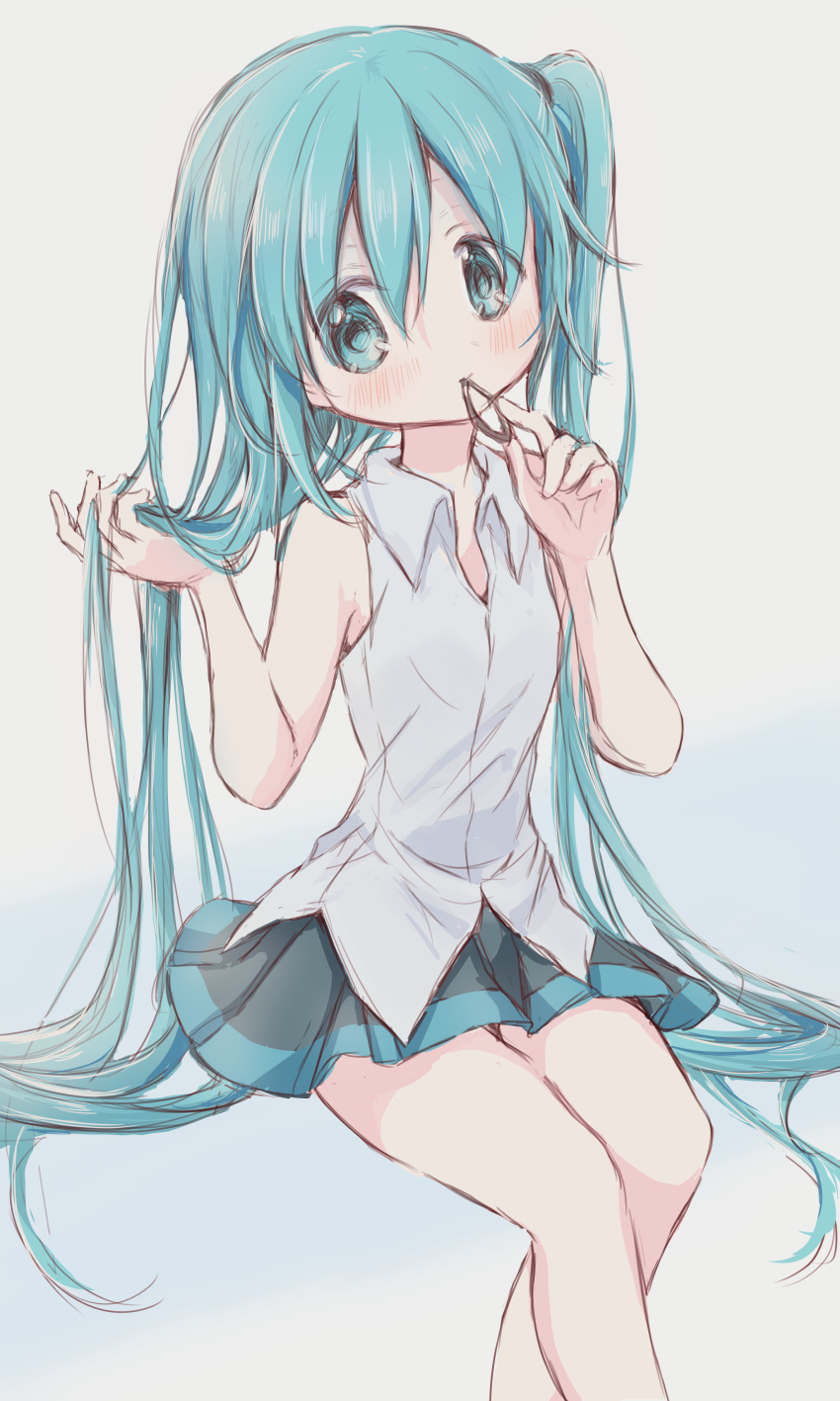 1girl absurdres aqua_eyes aqua_hair bare_shoulders black_skirt feet_out_of_frame grey_background grey_shirt hair_tie hair_tie_in_mouth hatsune_miku highres hitode holding holding_hair looking_at_viewer miniskirt mouth_hold pleated_skirt shirt side_ponytail sitting skirt sleeveless sleeveless_shirt solo vocaloid