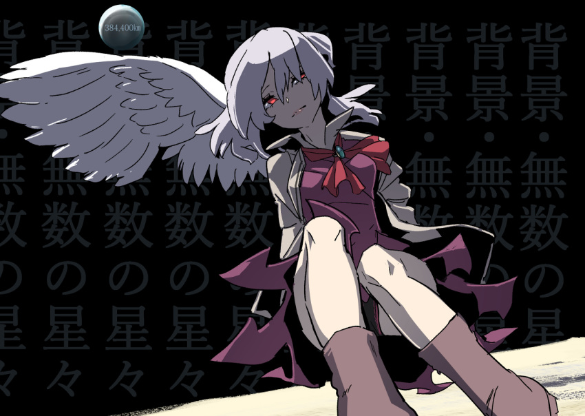 1girl angel_wings bare_legs beige_jacket boots bow bowtie braid breasts brooch commentary_request dress expressionless feathered_wings french_braid jacket jewelry kawayabug kishin_sagume medium_breasts medium_hair planet purple_dress red_bow red_eyes red_neckwear silver_hair single_wing sitting solo touhou wing_collar wings
