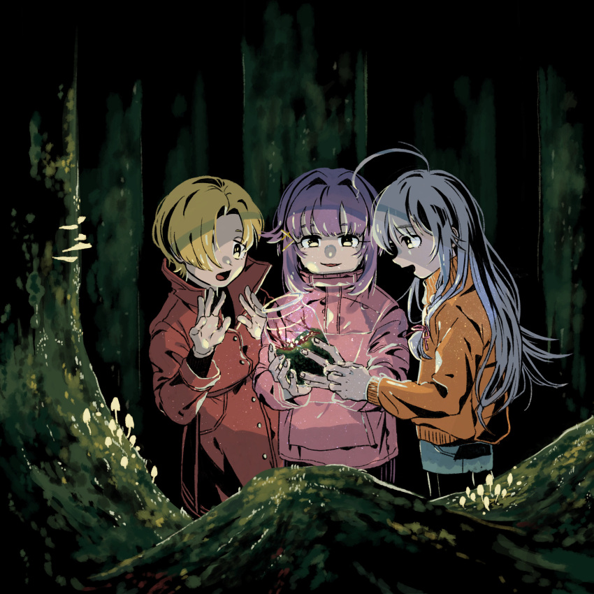 3girls absurdres ahoge blonde_hair braid coat dark forest glowing grey_hair hair_flaps hair_intakes hair_ornament hair_over_one_eye hair_ribbon hands_up high_collar highres holding_jar hoshi_syoko idolmaster idolmaster_cinderella_girls jacket jar kanauo_(tansui_kanauo) kawaii_boku_to_142's_(idolmaster) koshimizu_sachiko light_purple_hair long_hair long_sleeves medium_hair moss multiple_girls mushroom nature open_mouth orange_sweater outdoors parted_lips pink_jacket pink_ribbon profile red_coat ribbon shirasaka_koume short_hair side_braid sidelocks smile standing sweater tree tress_ribbon x_hair_ornament